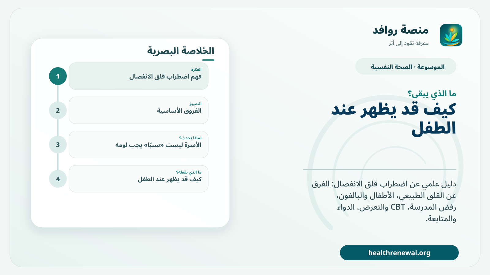 مخطط ختامي من منصة روافد يلخص «اضطراب قلق الانفصال: التشخيص عبر العمر، CBT، المدرسة والمتابعة» ويعرض أهم المحاور والخطوات التالية