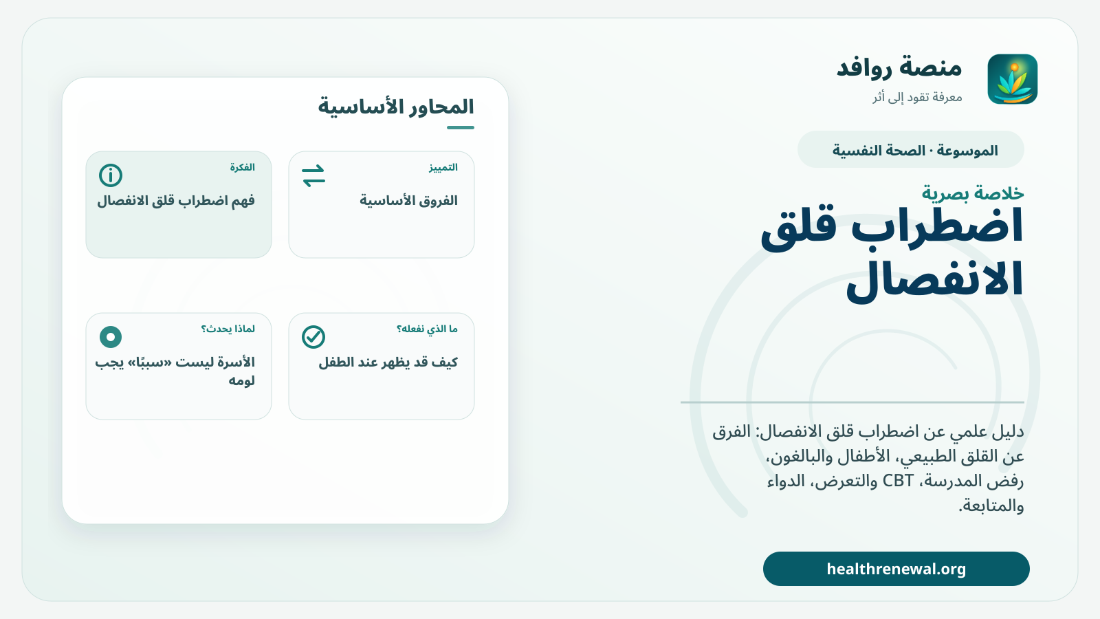 صورة بارزة من منصة روافد تلخص «اضطراب قلق الانفصال: التشخيص عبر العمر، CBT، المدرسة والمتابعة» بصريًا وفق محاور الصفحة الأساسية