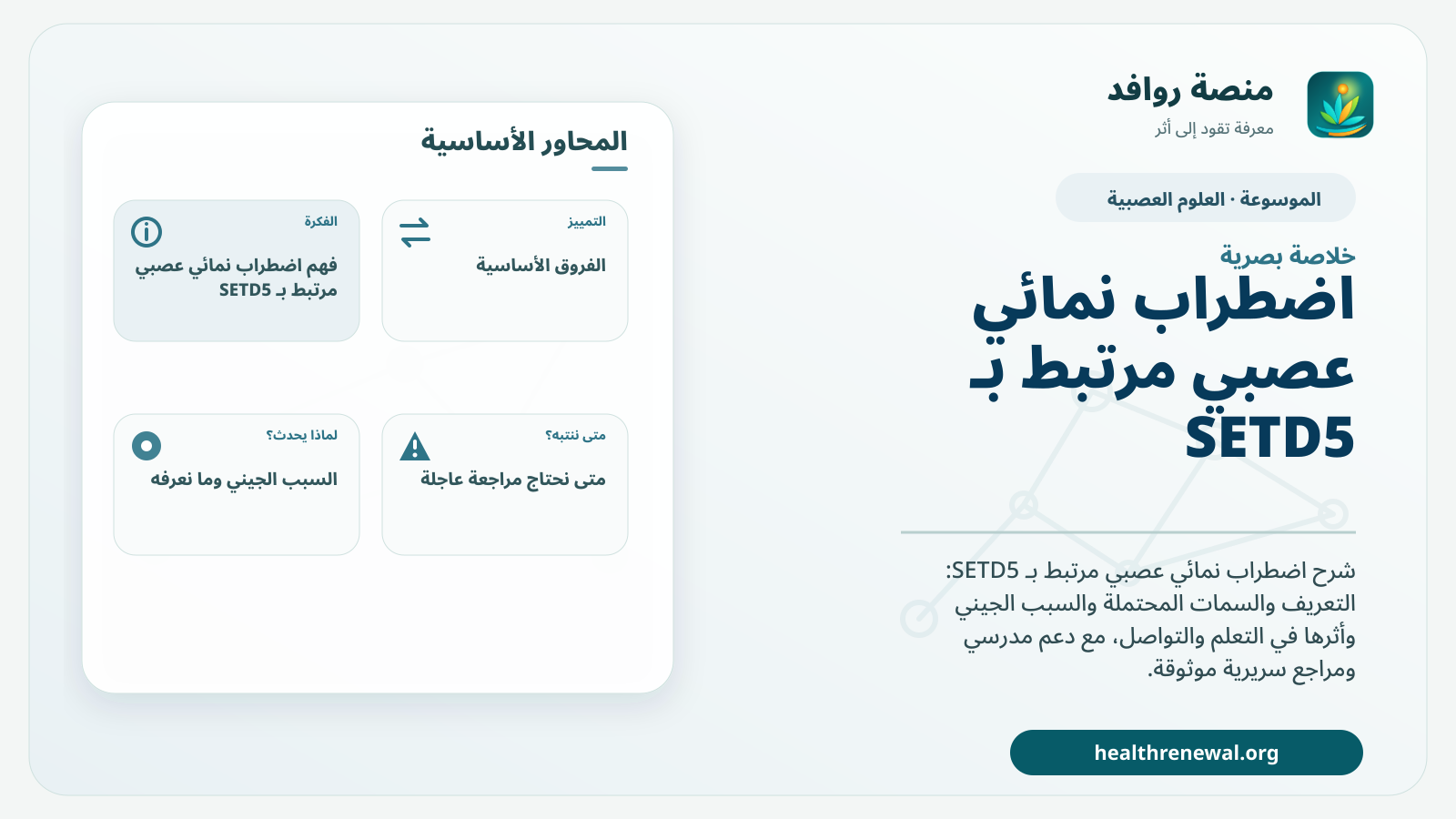 صورة بارزة من منصة روافد تلخص «اضطراب نمائي عصبي مرتبط بـ SETD5» بصريًا وفق محاور الصفحة الأساسية