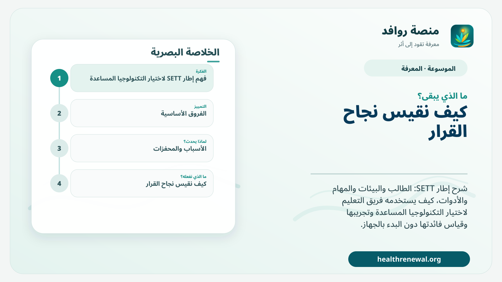مخطط ختامي من منصة روافد يلخص «إطار SETT لاختيار التكنولوجيا المساعدة» ويعرض أهم المحاور والخطوات التالية