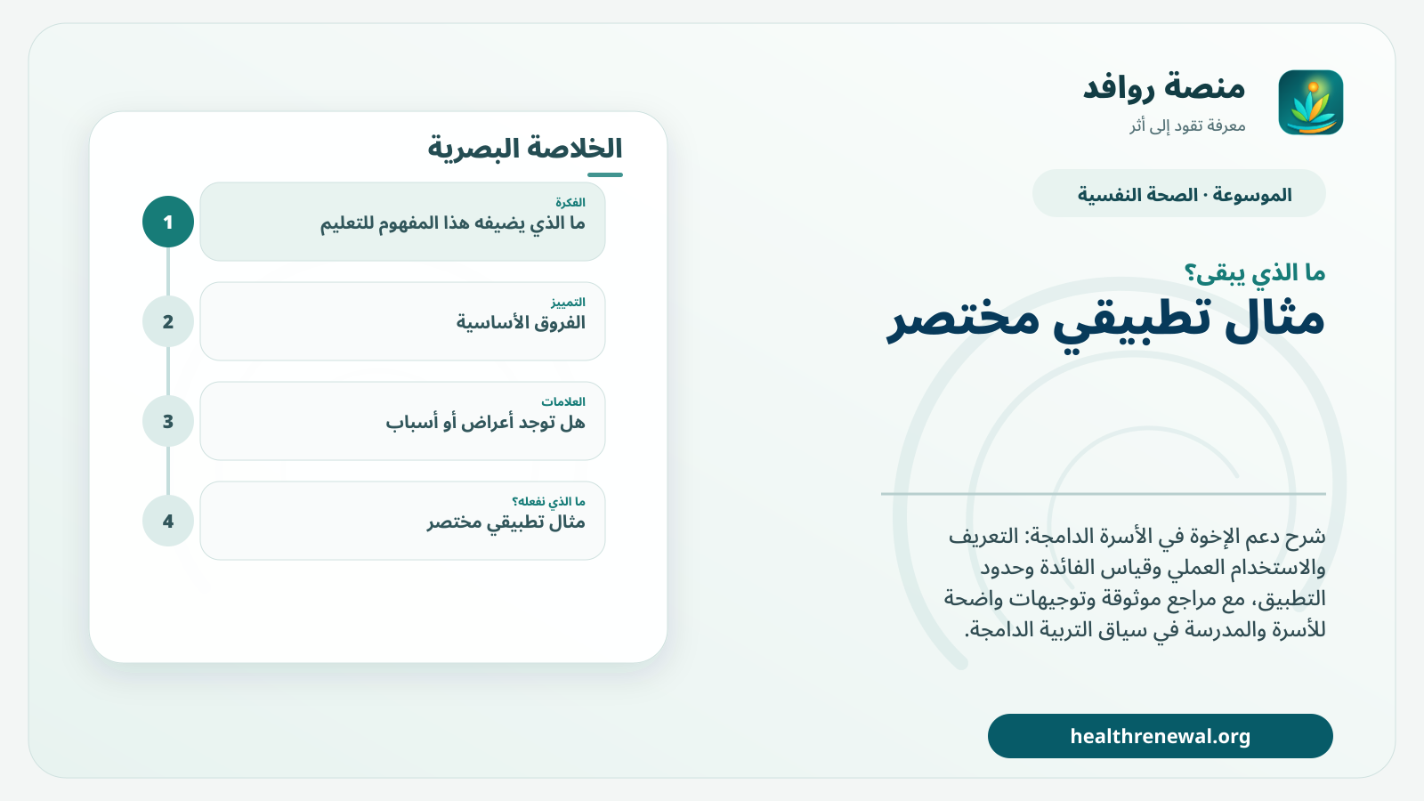 مخطط ختامي من منصة روافد يلخص «دعم الإخوة في الأسرة الدامجة» ويعرض أهم المحاور والخطوات التالية
