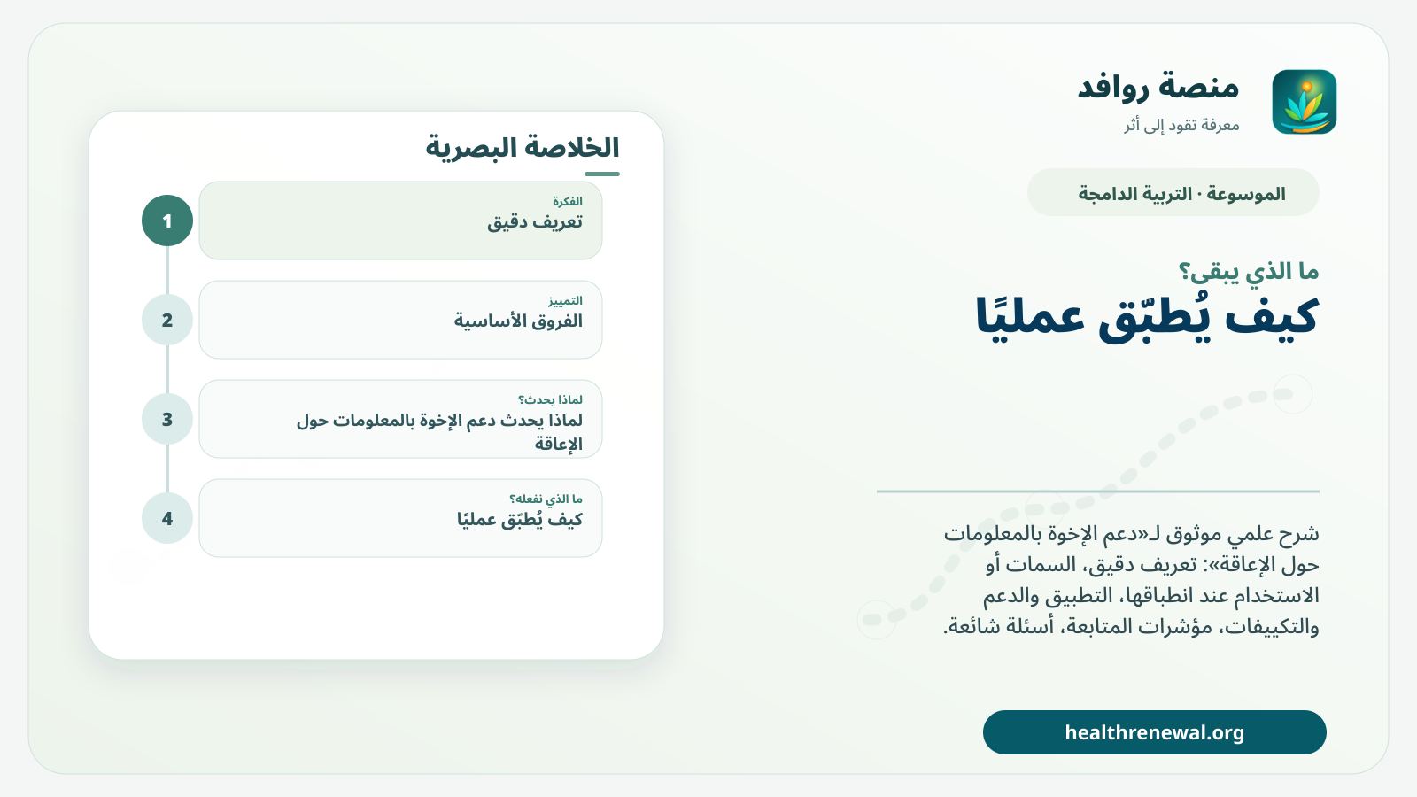 مخطط ختامي من منصة روافد يلخص «دعم الإخوة بالمعلومات حول الإعاقة» ويعرض أهم المحاور والخطوات التالية