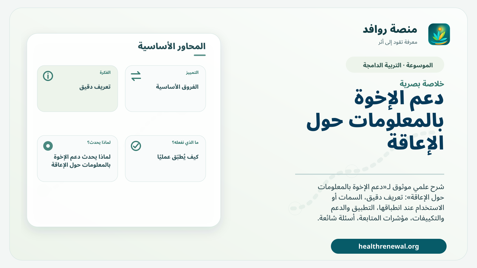 صورة بارزة من منصة روافد تلخص «دعم الإخوة بالمعلومات حول الإعاقة» بصريًا وفق محاور الصفحة الأساسية