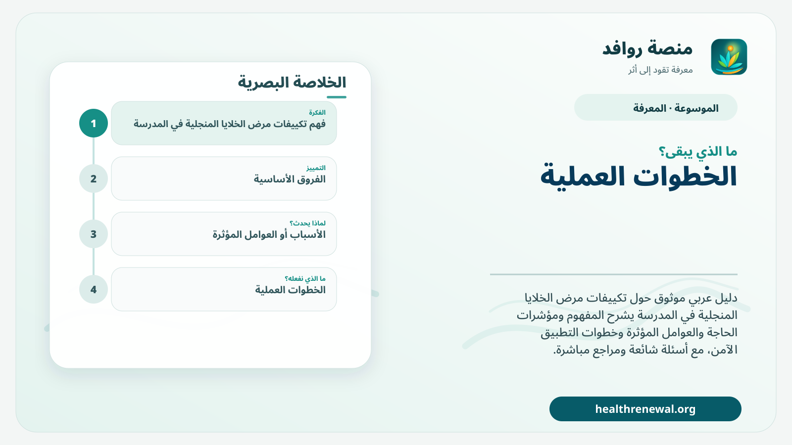 مخطط ختامي من منصة روافد يلخص «تكييفات مرض الخلايا المنجلية في المدرسة» ويعرض أهم المحاور والخطوات التالية