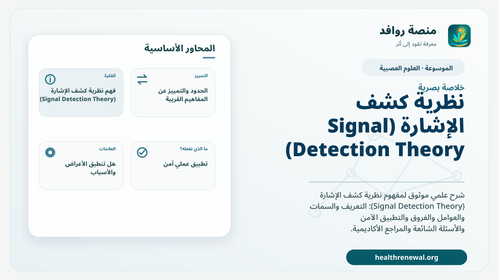 صورة بارزة من منصة روافد تلخص «نظرية كشف الإشارة (Signal Detection Theory)» بصريًا وفق محاور الصفحة الأساسية
