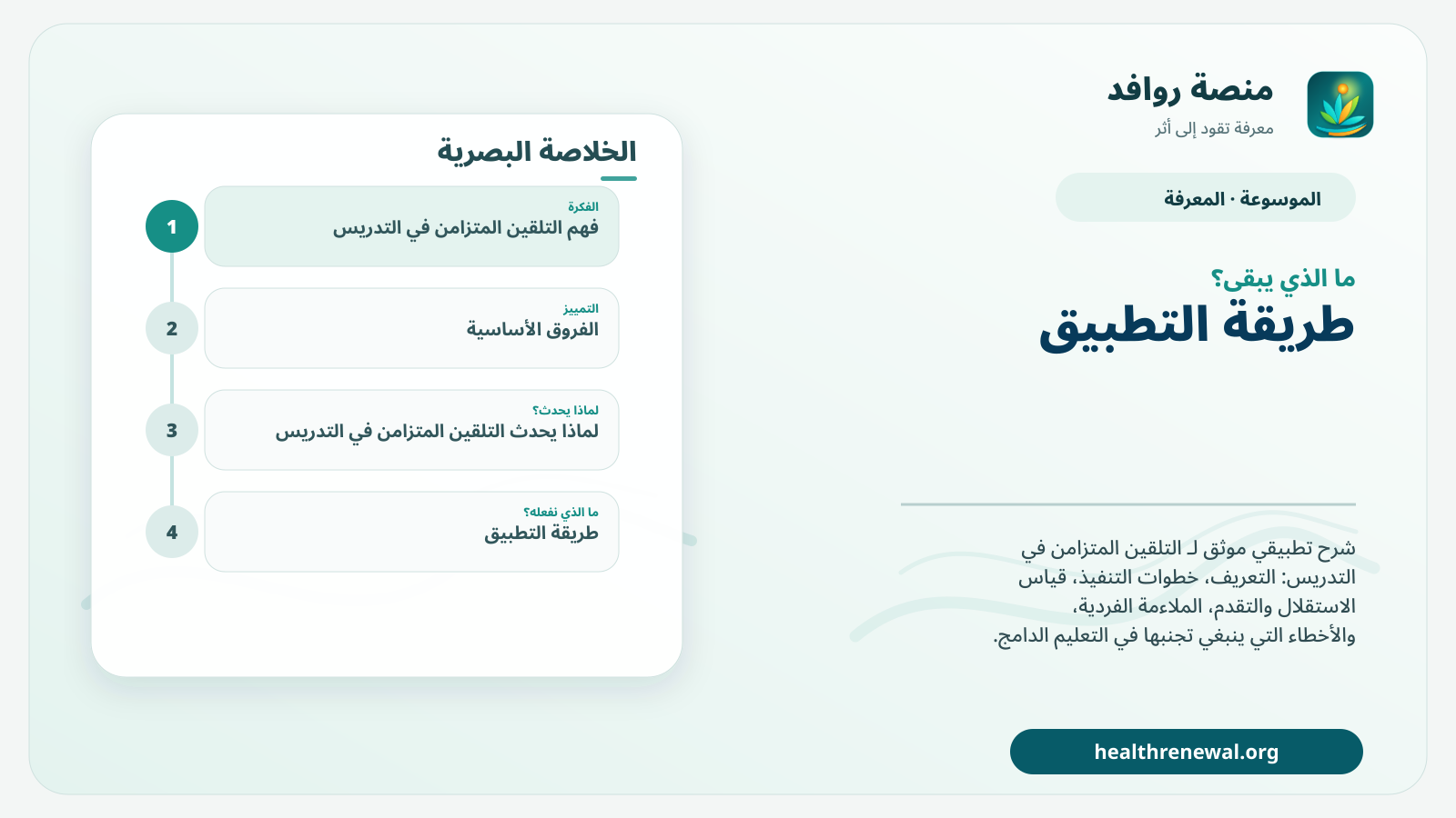 مخطط ختامي من منصة روافد يلخص «التلقين المتزامن في التدريس» ويعرض أهم المحاور والخطوات التالية