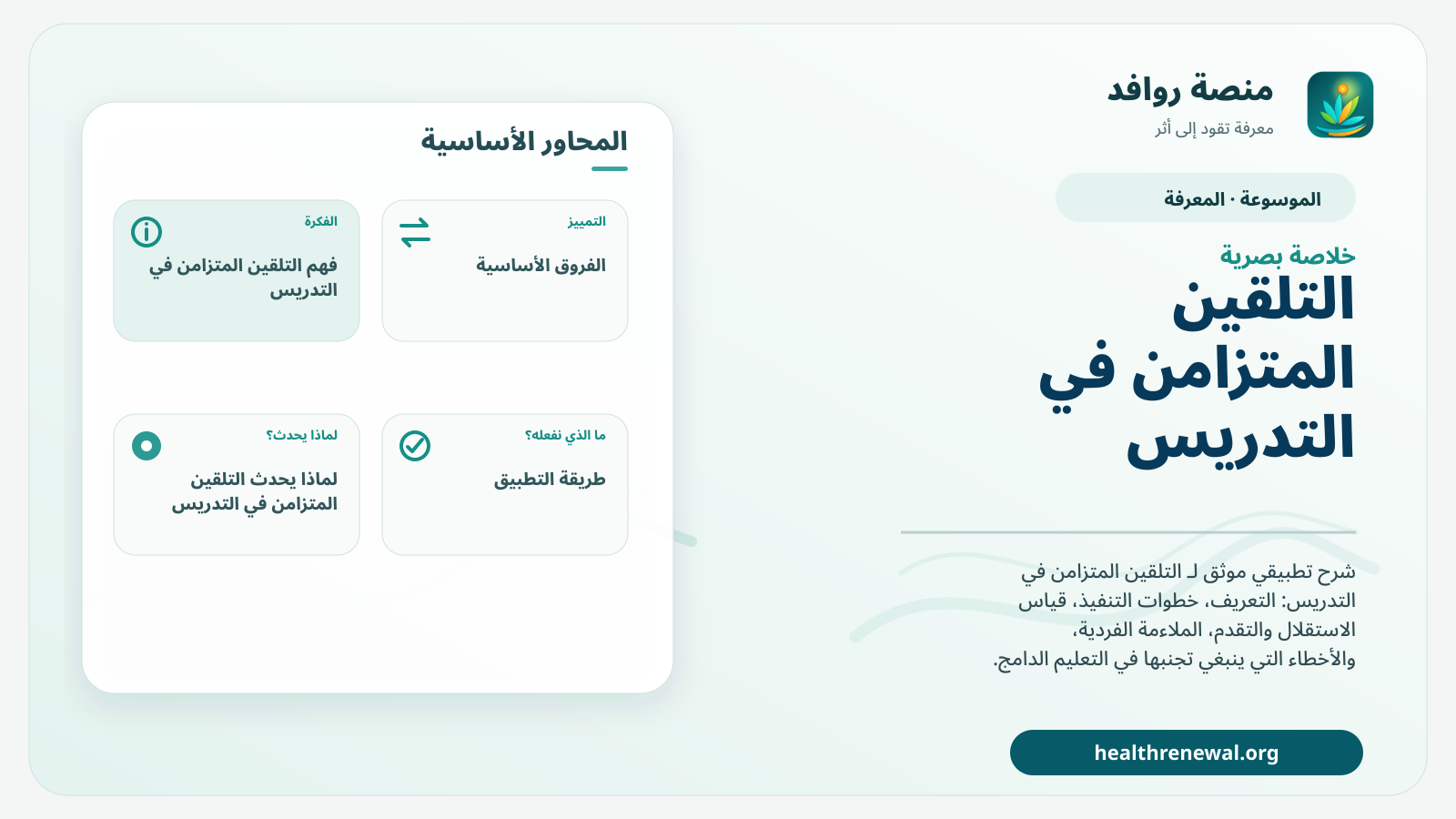 صورة بارزة من منصة روافد تلخص «التلقين المتزامن في التدريس» بصريًا وفق محاور الصفحة الأساسية