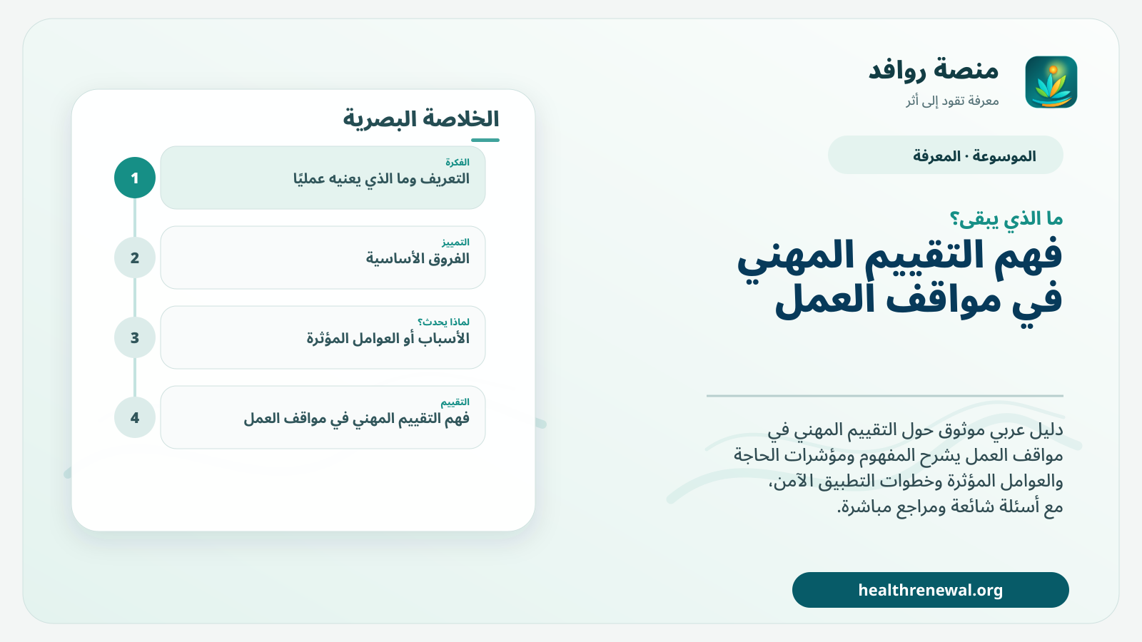 مخطط ختامي من منصة روافد يلخص «التقييم المهني في مواقف العمل» ويعرض أهم المحاور والخطوات التالية