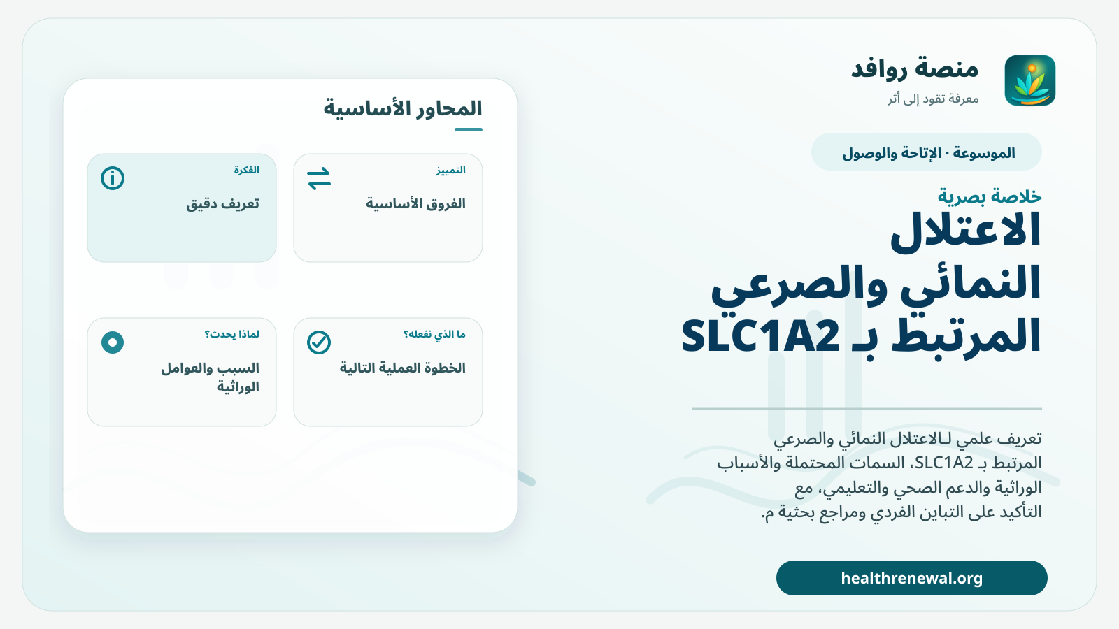 صورة بارزة من منصة روافد تلخص «الاعتلال النمائي والصرعي المرتبط بـ SLC1A2» بصريًا وفق محاور الصفحة الأساسية