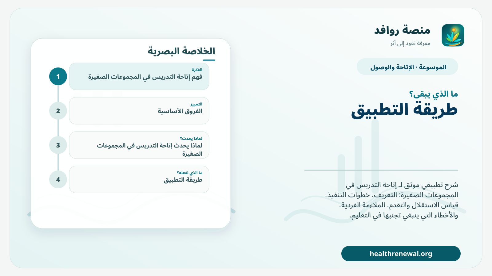 مخطط ختامي من منصة روافد يلخص «إتاحة التدريس في المجموعات الصغيرة» ويعرض أهم المحاور والخطوات التالية