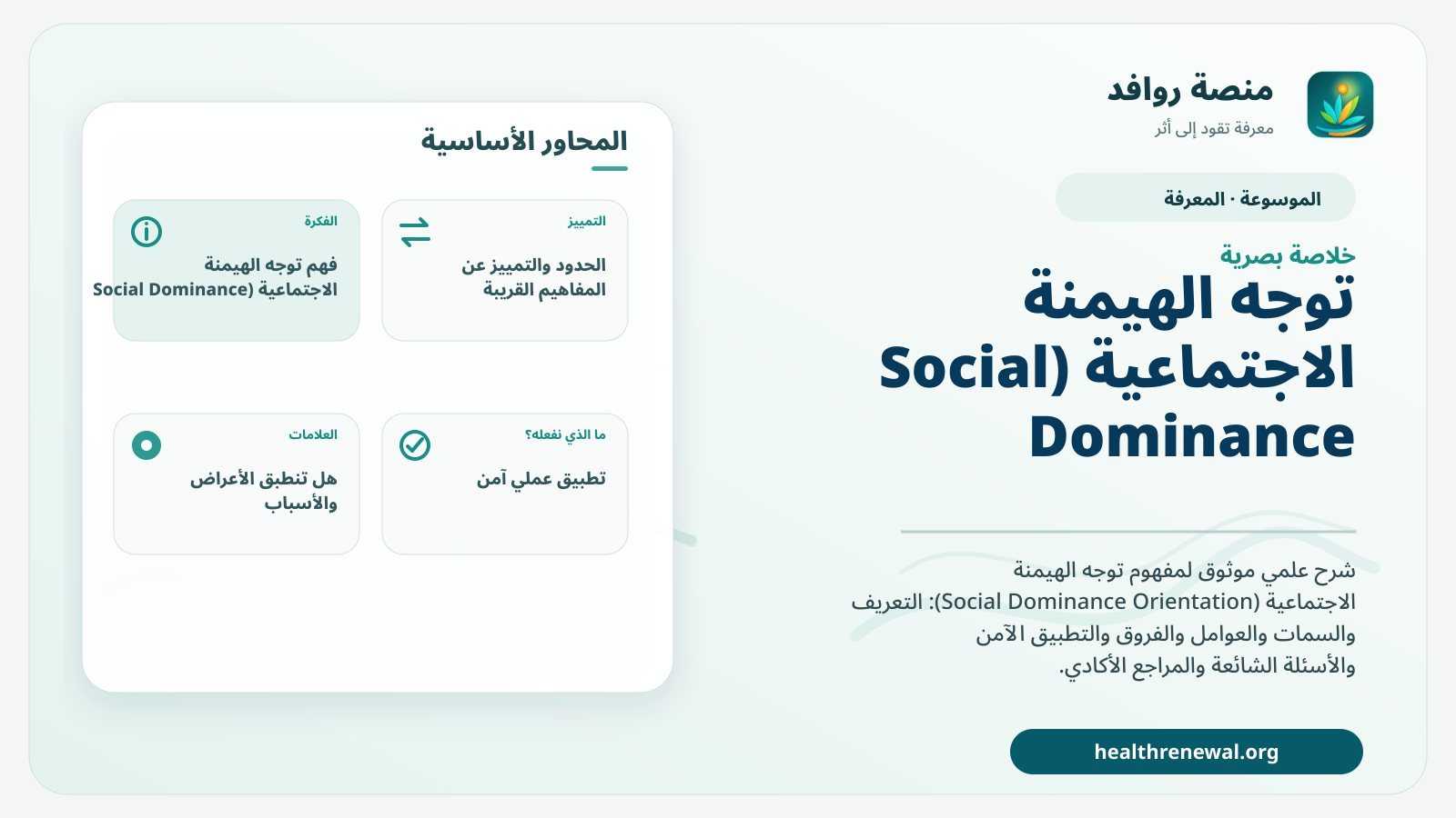 صورة بارزة من منصة روافد تلخص «توجه الهيمنة الاجتماعية (Social Dominance Orientation)» بصريًا وفق محاور الصفحة الأساسية