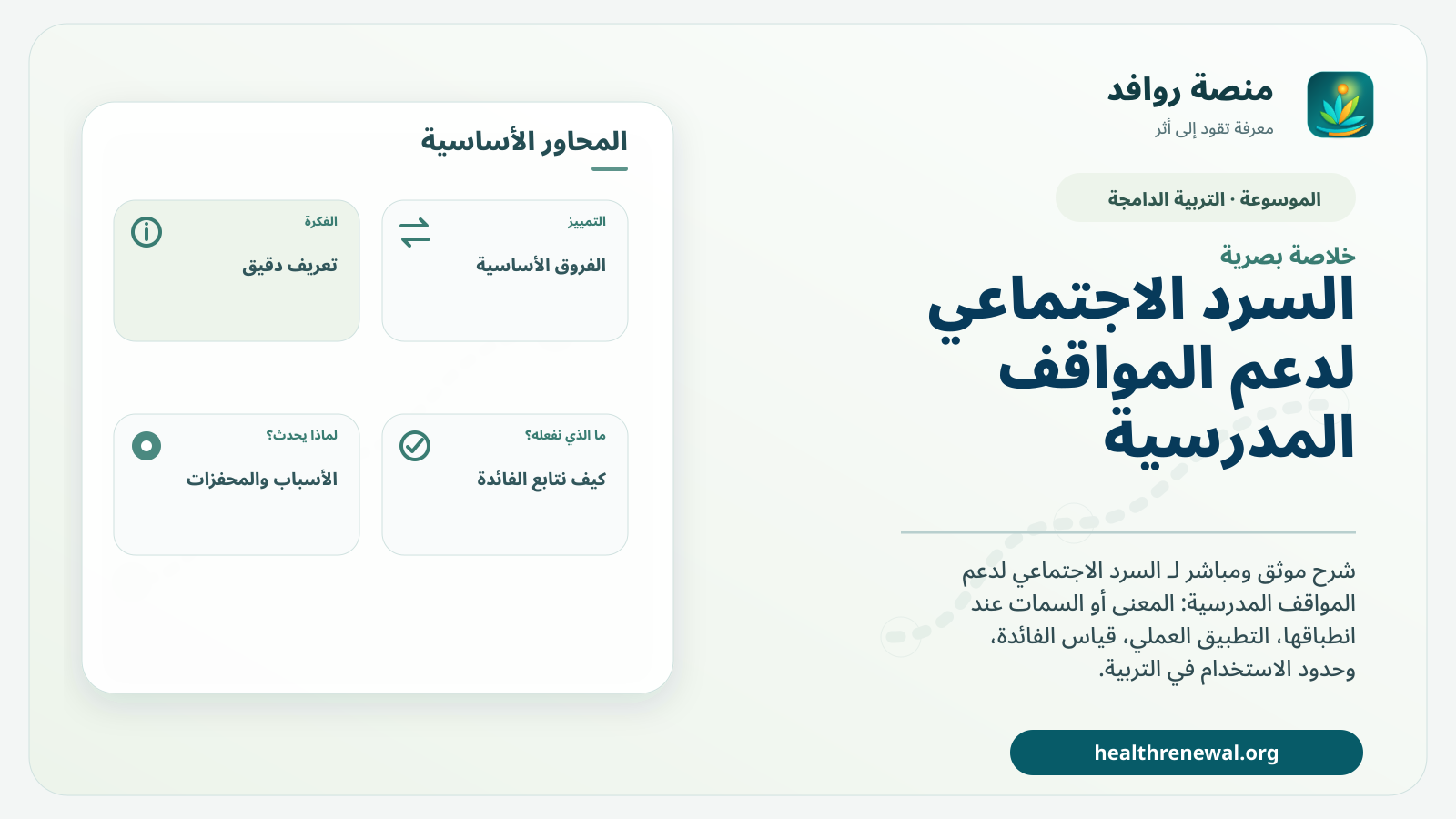 صورة بارزة من منصة روافد تلخص «السرد الاجتماعي لدعم المواقف المدرسية» بصريًا وفق محاور الصفحة الأساسية