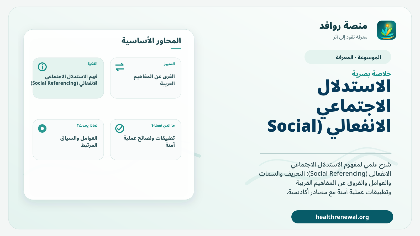 صورة بارزة من منصة روافد تلخص «الاستدلال الاجتماعي الانفعالي (Social Referencing)» بصريًا وفق محاور الصفحة الأساسية