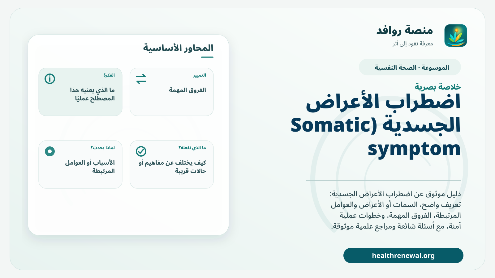 صورة بارزة من منصة روافد تلخص «اضطراب الأعراض الجسدية (Somatic symptom disorder)» بصريًا وفق محاور الصفحة الأساسية