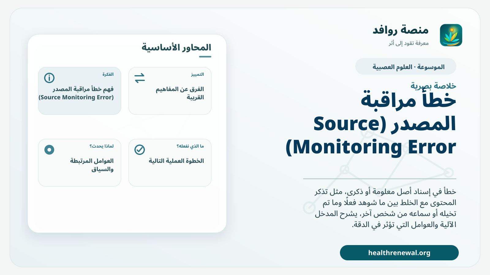 صورة بارزة من منصة روافد تلخص «خطأ مراقبة المصدر (Source Monitoring Error)» بصريًا وفق محاور الصفحة الأساسية