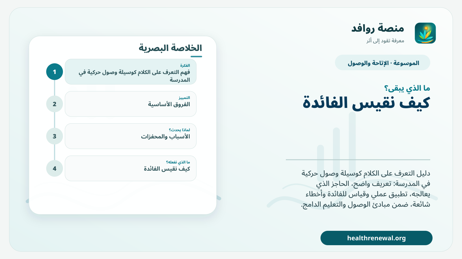 مخطط ختامي من منصة روافد يلخص «التعرف على الكلام كوسيلة وصول حركية في المدرسة» ويعرض أهم المحاور والخطوات التالية