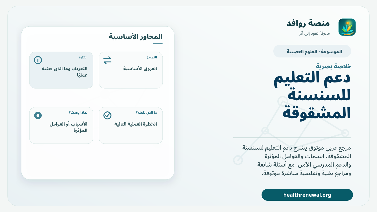 صورة بارزة من منصة روافد تلخص «دعم التعليم للسنسنة المشقوقة» بصريًا وفق محاور الصفحة الأساسية