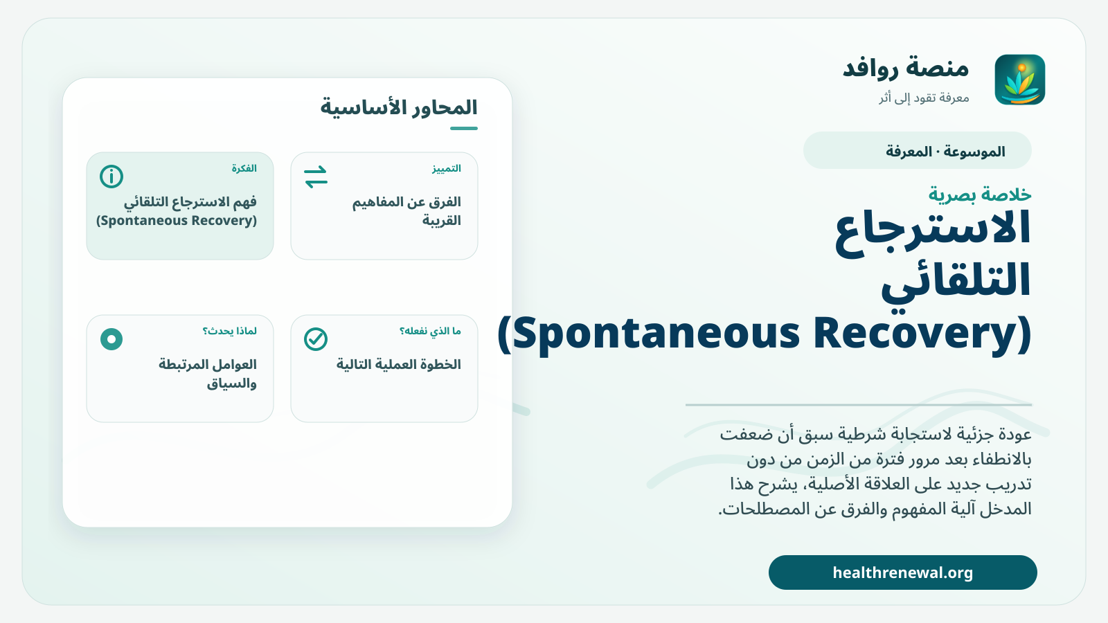 صورة بارزة من منصة روافد تلخص «الاسترجاع التلقائي (Spontaneous Recovery)» بصريًا وفق محاور الصفحة الأساسية