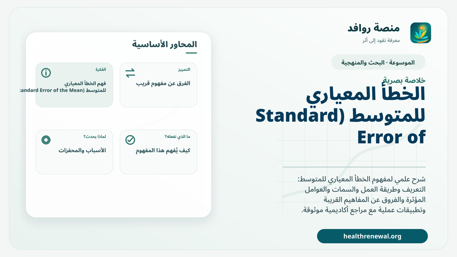 صورة بارزة من منصة روافد تلخص «الخطأ المعياري للمتوسط (Standard Error of the Mean)» بصريًا وفق محاور الصفحة الأساسية