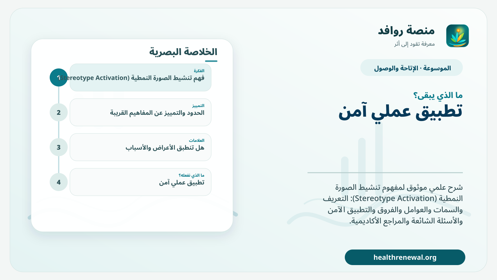 مخطط ختامي من منصة روافد يلخص «تنشيط الصورة النمطية (Stereotype Activation)» ويعرض أهم المحاور والخطوات التالية