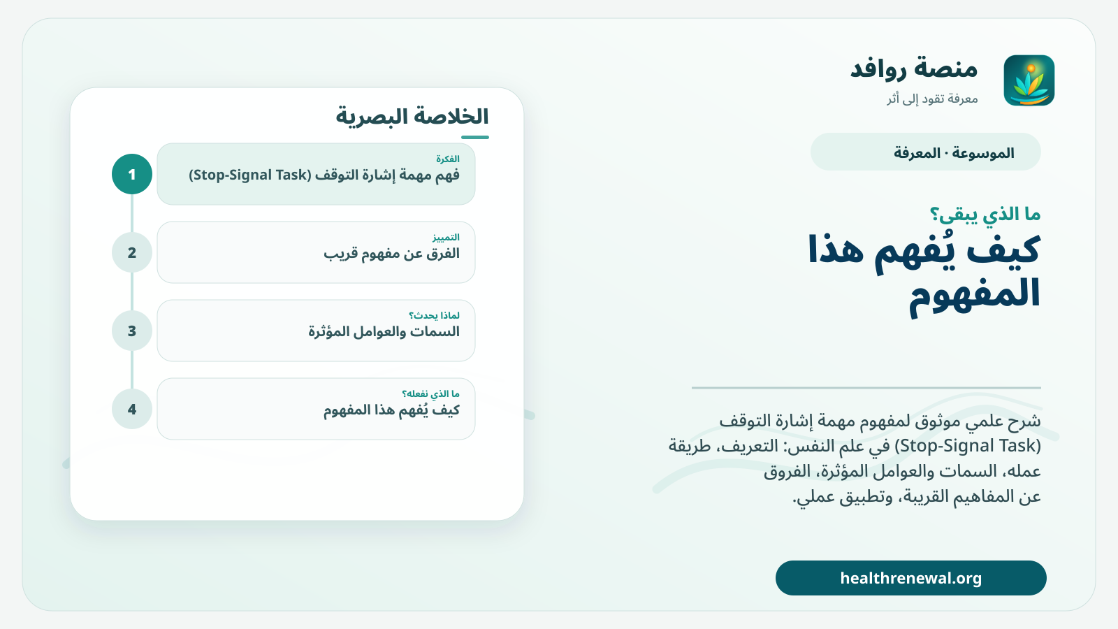 مخطط ختامي من منصة روافد يلخص «مهمة إشارة التوقف (Stop-Signal Task)» ويعرض أهم المحاور والخطوات التالية