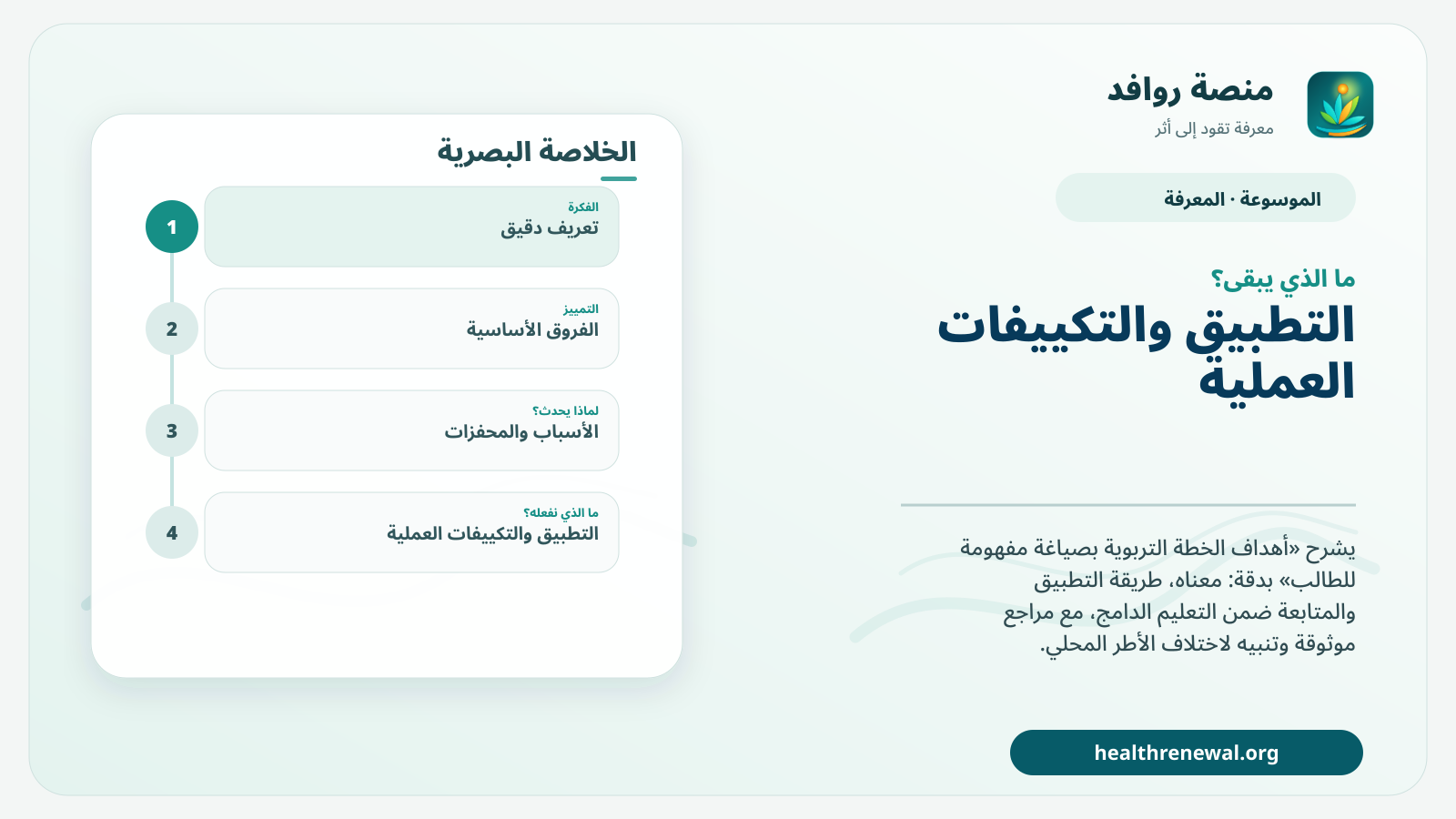 مخطط ختامي من منصة روافد يلخص «أهداف الخطة التربوية بصياغة مفهومة للطالب» ويعرض أهم المحاور والخطوات التالية