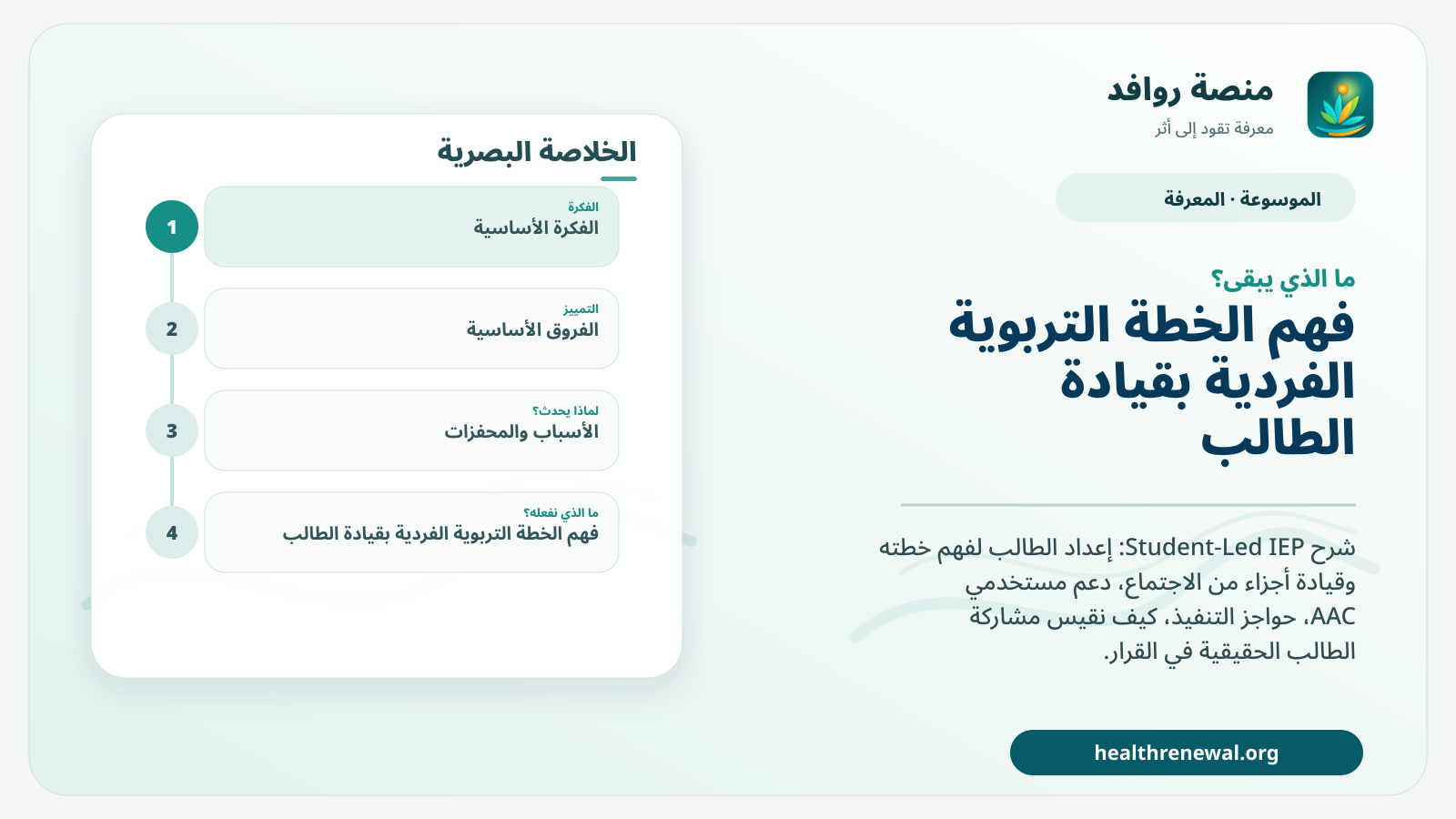 مخطط ختامي من منصة روافد يلخص «الخطة التربوية الفردية بقيادة الطالب» ويعرض أهم المحاور والخطوات التالية