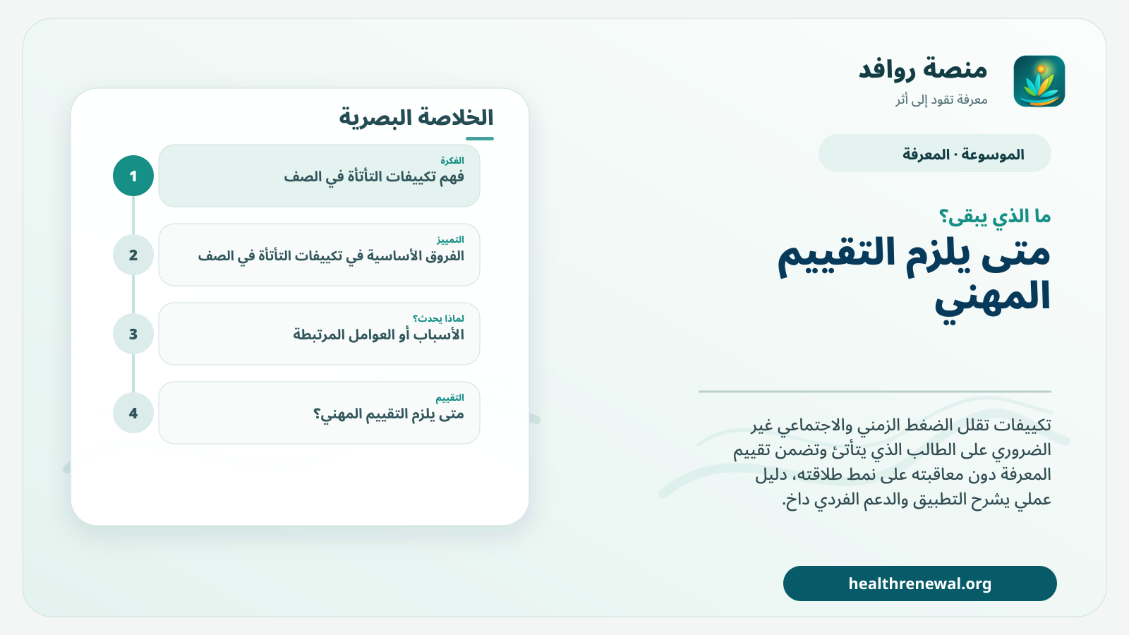 مخطط ختامي من منصة روافد يلخص «تكييفات التأتأة في الصف» ويعرض أهم المحاور والخطوات التالية