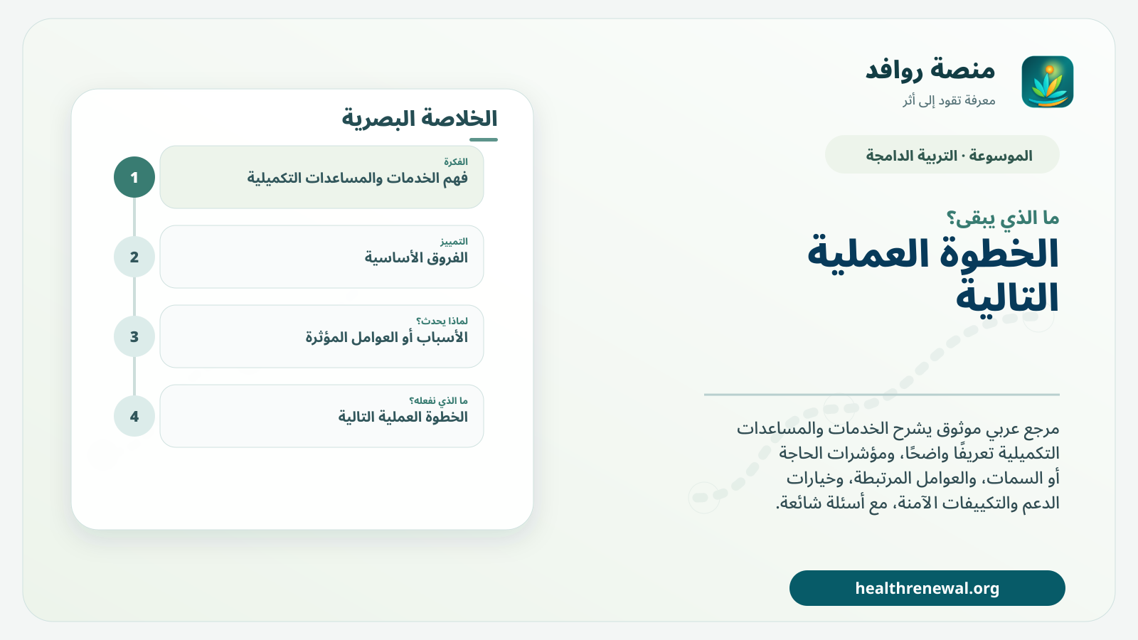 مخطط ختامي من منصة روافد يلخص «الخدمات والمساعدات التكميلية» ويعرض أهم المحاور والخطوات التالية
