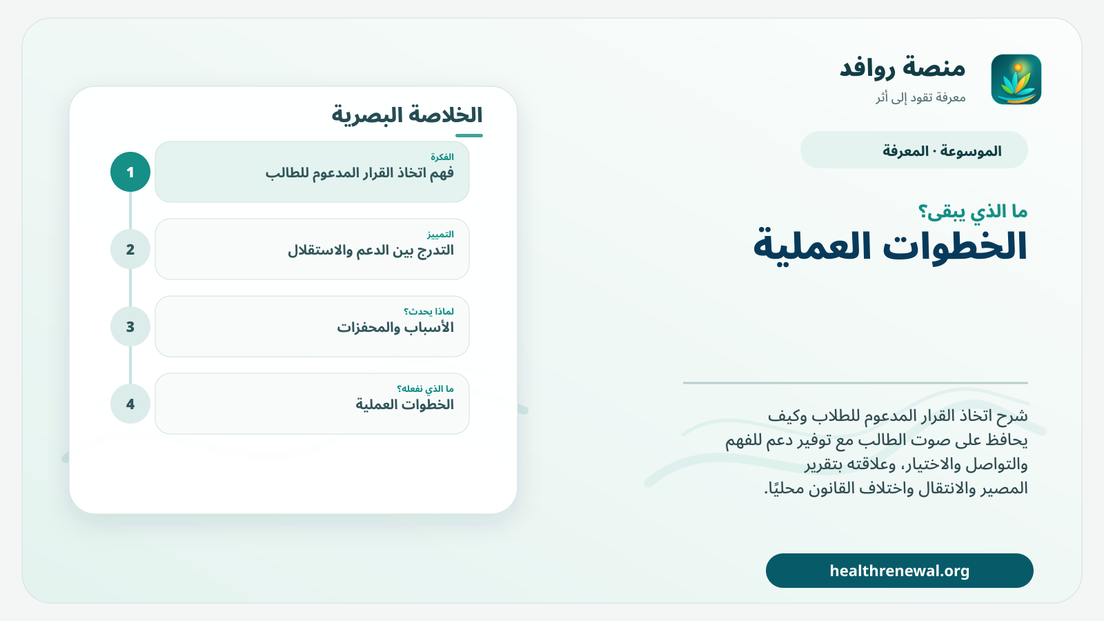 مخطط ختامي من منصة روافد يلخص «اتخاذ القرار المدعوم للطالب» ويعرض أهم المحاور والخطوات التالية