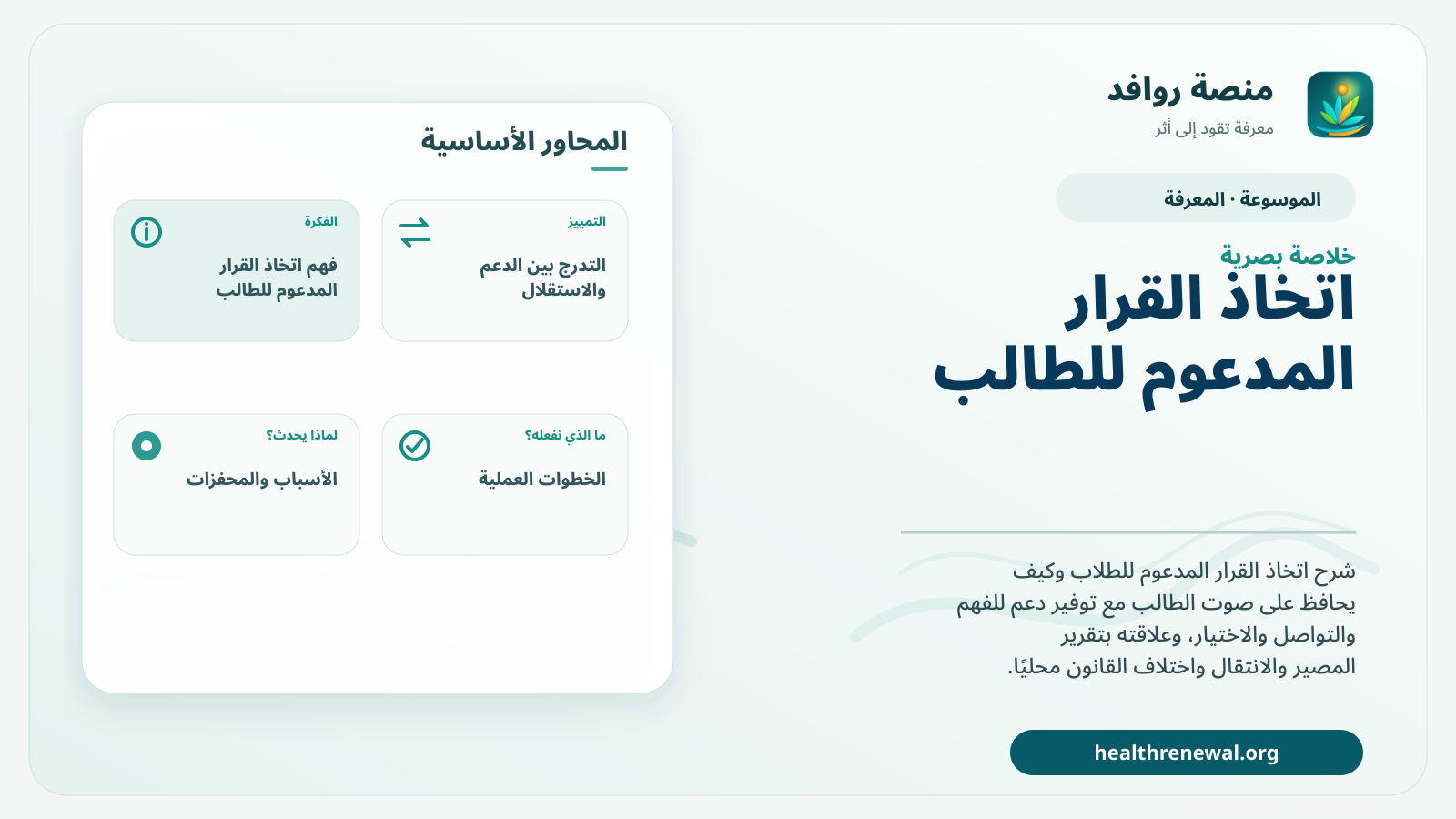 صورة بارزة من منصة روافد تلخص «اتخاذ القرار المدعوم للطالب» بصريًا وفق محاور الصفحة الأساسية