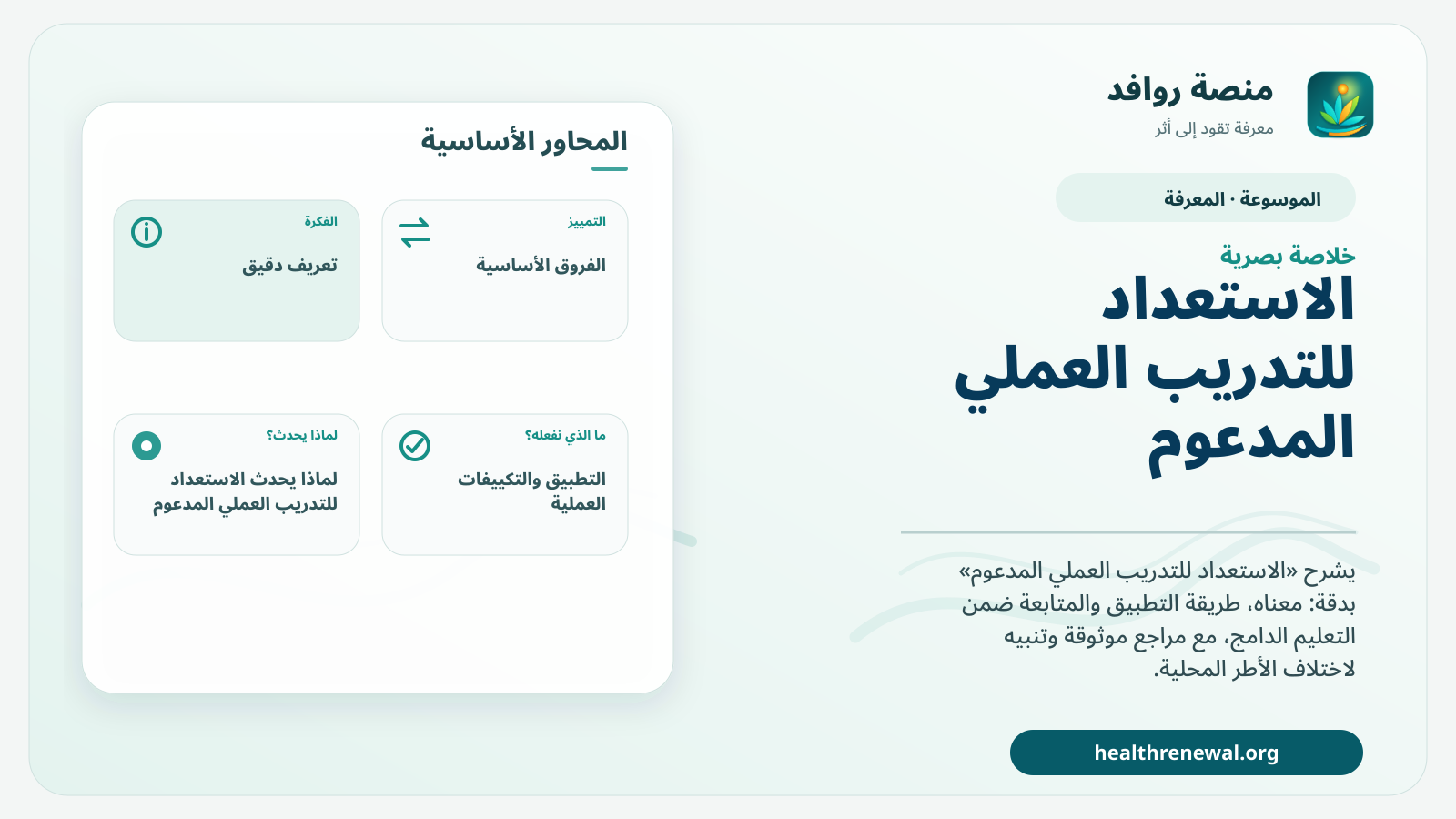 صورة بارزة من منصة روافد تلخص «الاستعداد للتدريب العملي المدعوم» بصريًا وفق محاور الصفحة الأساسية