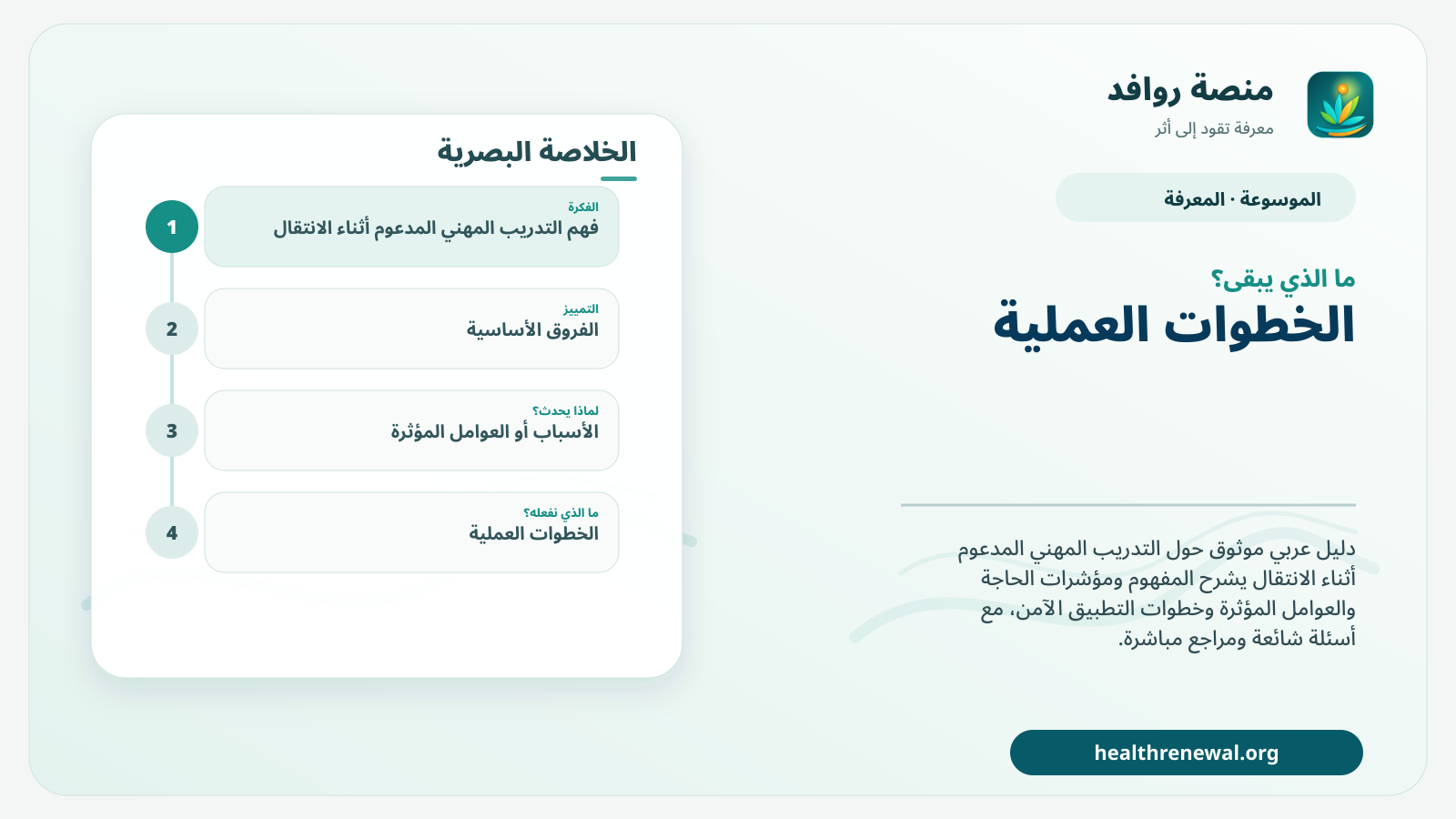 مخطط ختامي من منصة روافد يلخص «التدريب المهني المدعوم أثناء الانتقال» ويعرض أهم المحاور والخطوات التالية