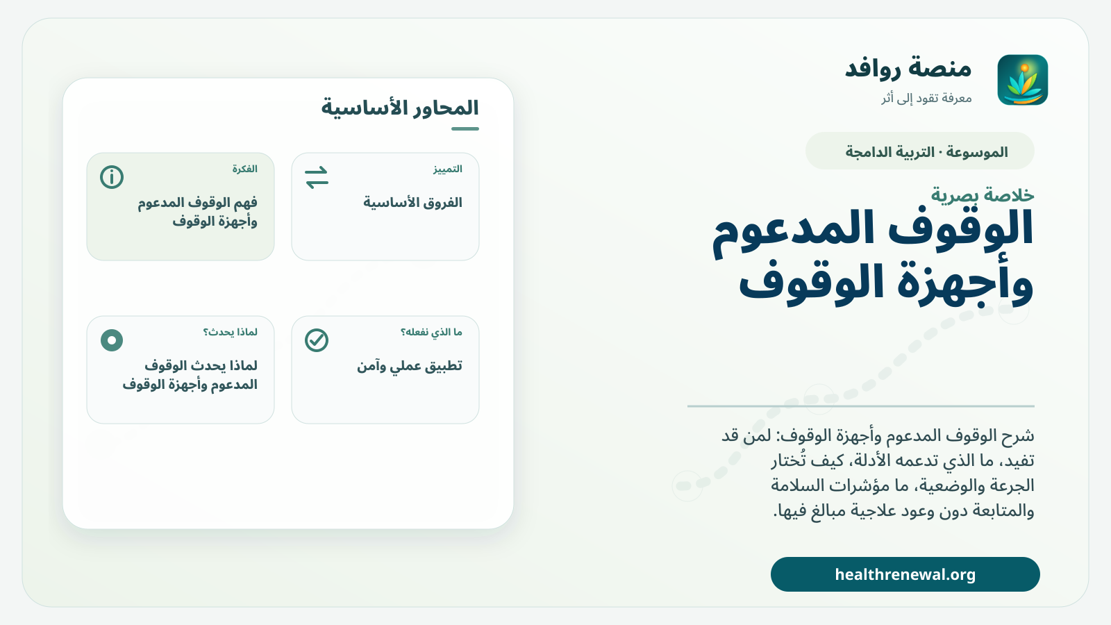 صورة بارزة من منصة روافد تلخص «الوقوف المدعوم وأجهزة الوقوف» بصريًا وفق محاور الصفحة الأساسية