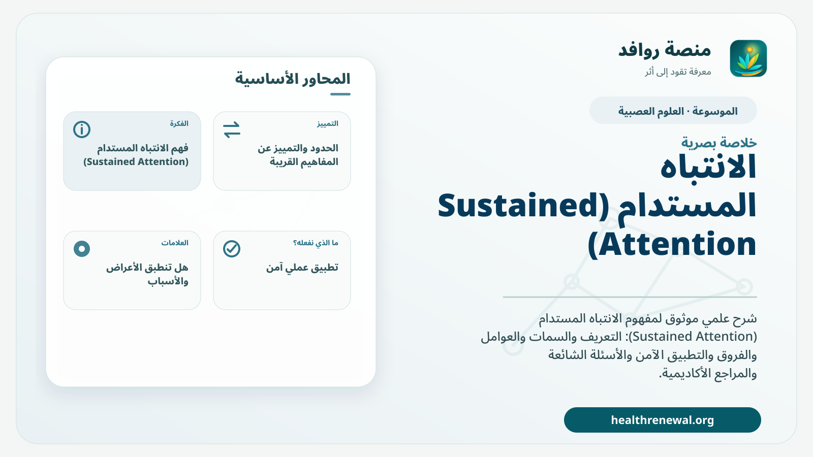 صورة بارزة من منصة روافد تلخص «الانتباه المستدام (Sustained Attention)» بصريًا وفق محاور الصفحة الأساسية