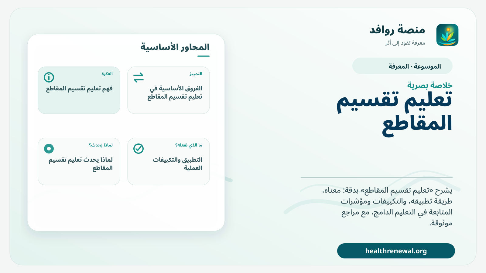صورة بارزة من منصة روافد تلخص «تعليم تقسيم المقاطع» بصريًا وفق محاور الصفحة الأساسية