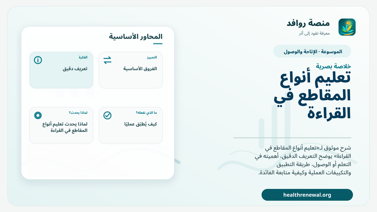 صورة بارزة من منصة روافد تلخص «تعليم أنواع المقاطع في القراءة» بصريًا وفق محاور الصفحة الأساسية