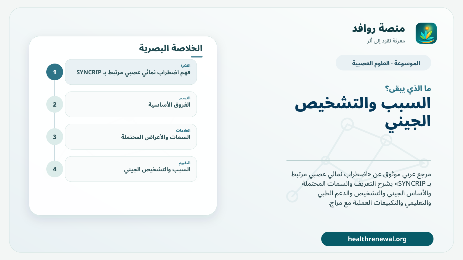 مخطط ختامي من منصة روافد يلخص «اضطراب نمائي عصبي مرتبط بـ SYNCRIP» ويعرض أهم المحاور والخطوات التالية