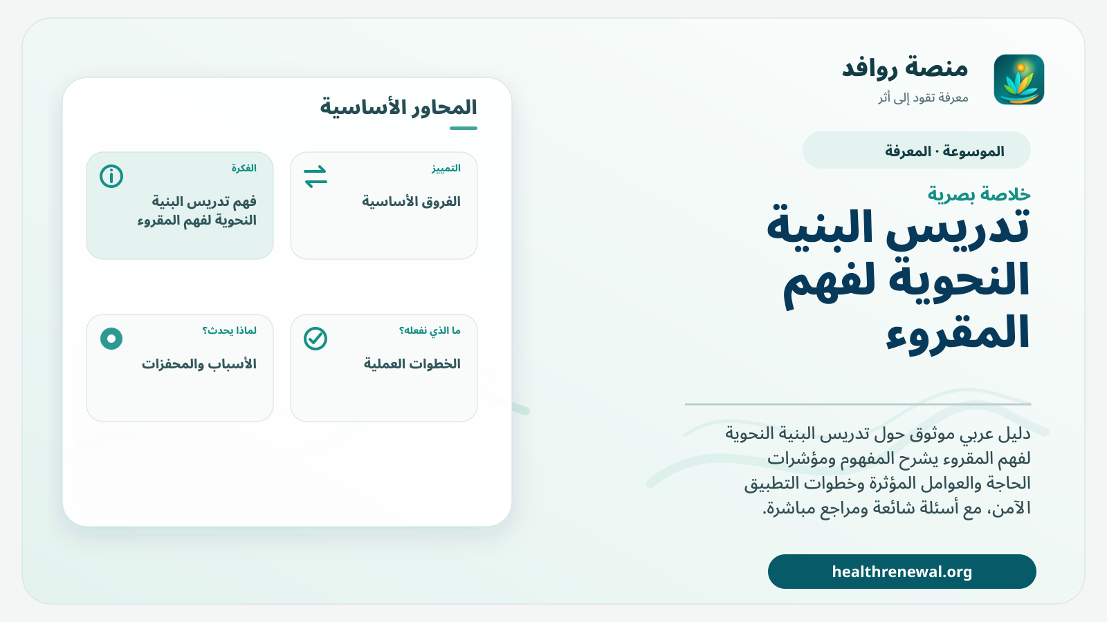 صورة بارزة من منصة روافد تلخص «تدريس البنية النحوية لفهم المقروء» بصريًا وفق محاور الصفحة الأساسية