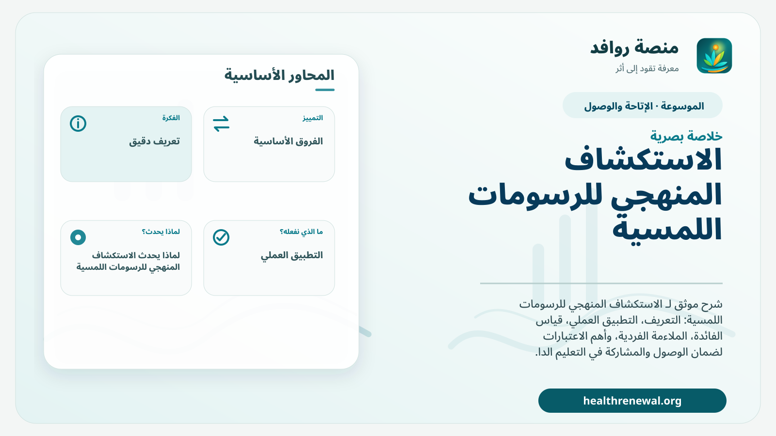صورة بارزة من منصة روافد تلخص «الاستكشاف المنهجي للرسومات اللمسية» بصريًا وفق محاور الصفحة الأساسية