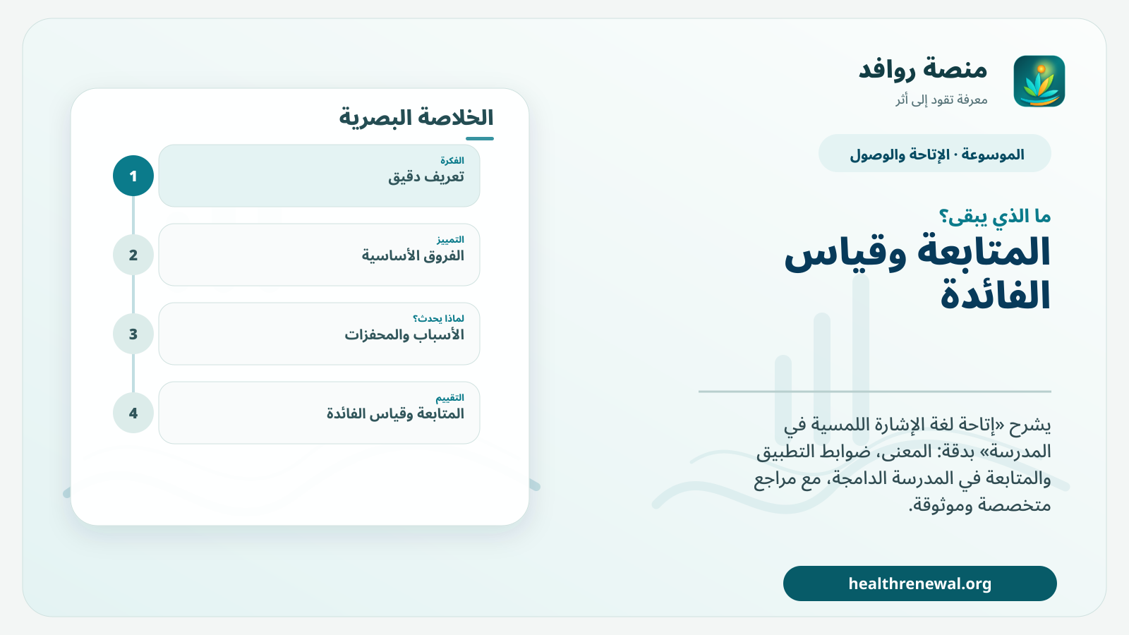 مخطط ختامي من منصة روافد يلخص «إتاحة لغة الإشارة اللمسية في المدرسة» ويعرض أهم المحاور والخطوات التالية