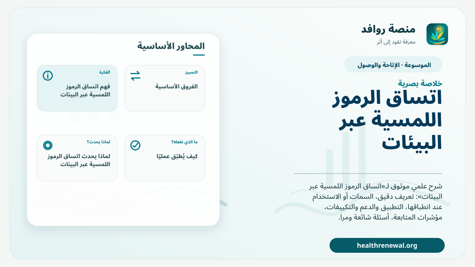 صورة بارزة من منصة روافد تلخص «اتساق الرموز اللمسية عبر البيئات» بصريًا وفق محاور الصفحة الأساسية
