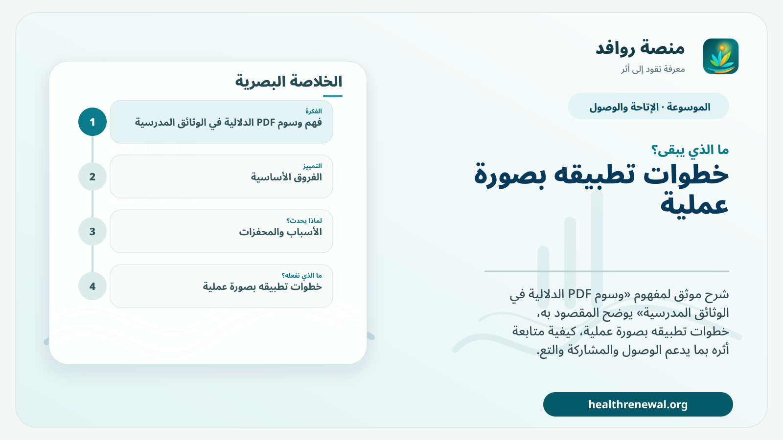 مخطط ختامي من منصة روافد يلخص «وسوم PDF الدلالية في الوثائق المدرسية» ويعرض أهم المحاور والخطوات التالية