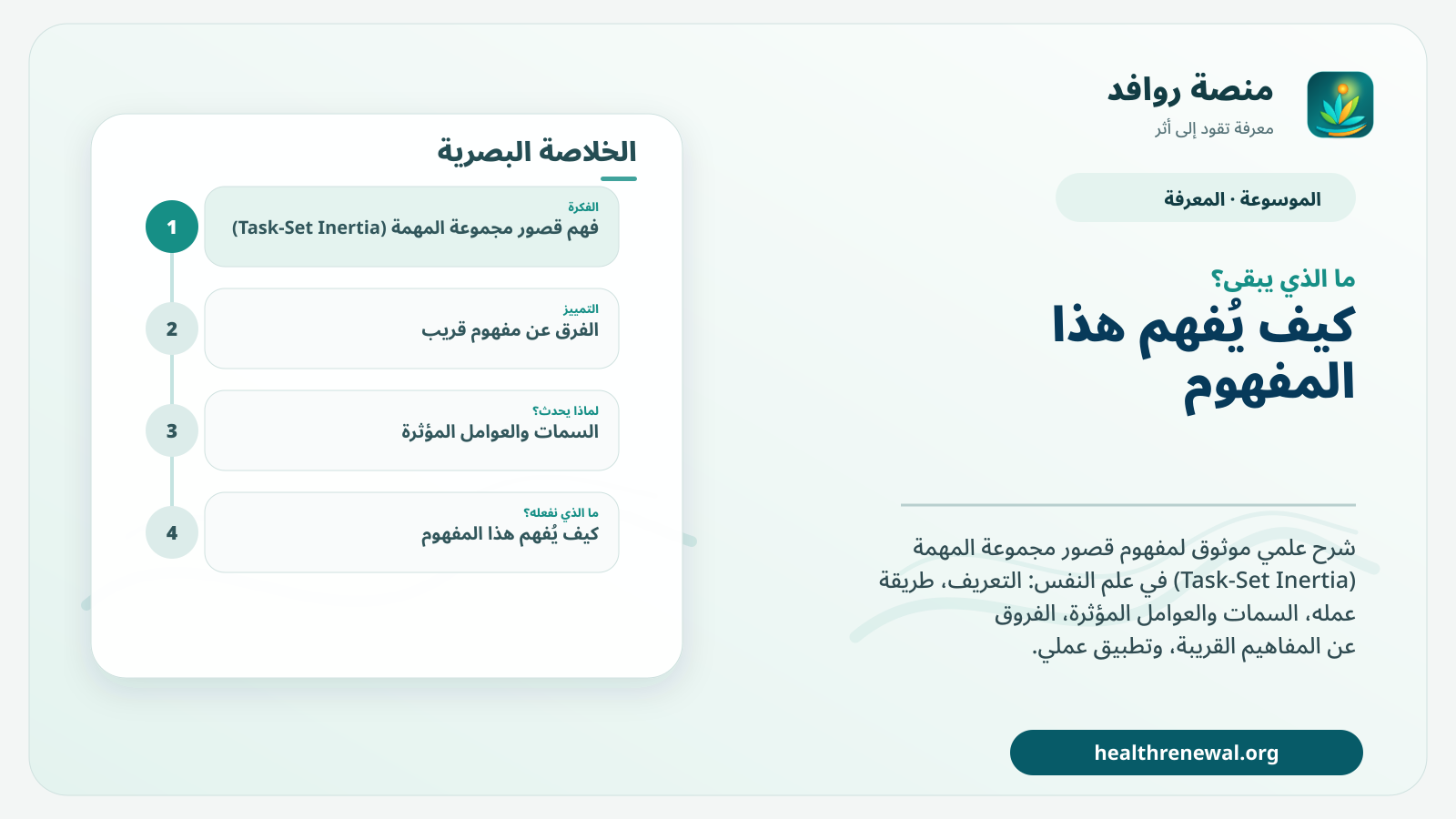 مخطط ختامي من منصة روافد يلخص «قصور مجموعة المهمة (Task-Set Inertia)» ويعرض أهم المحاور والخطوات التالية