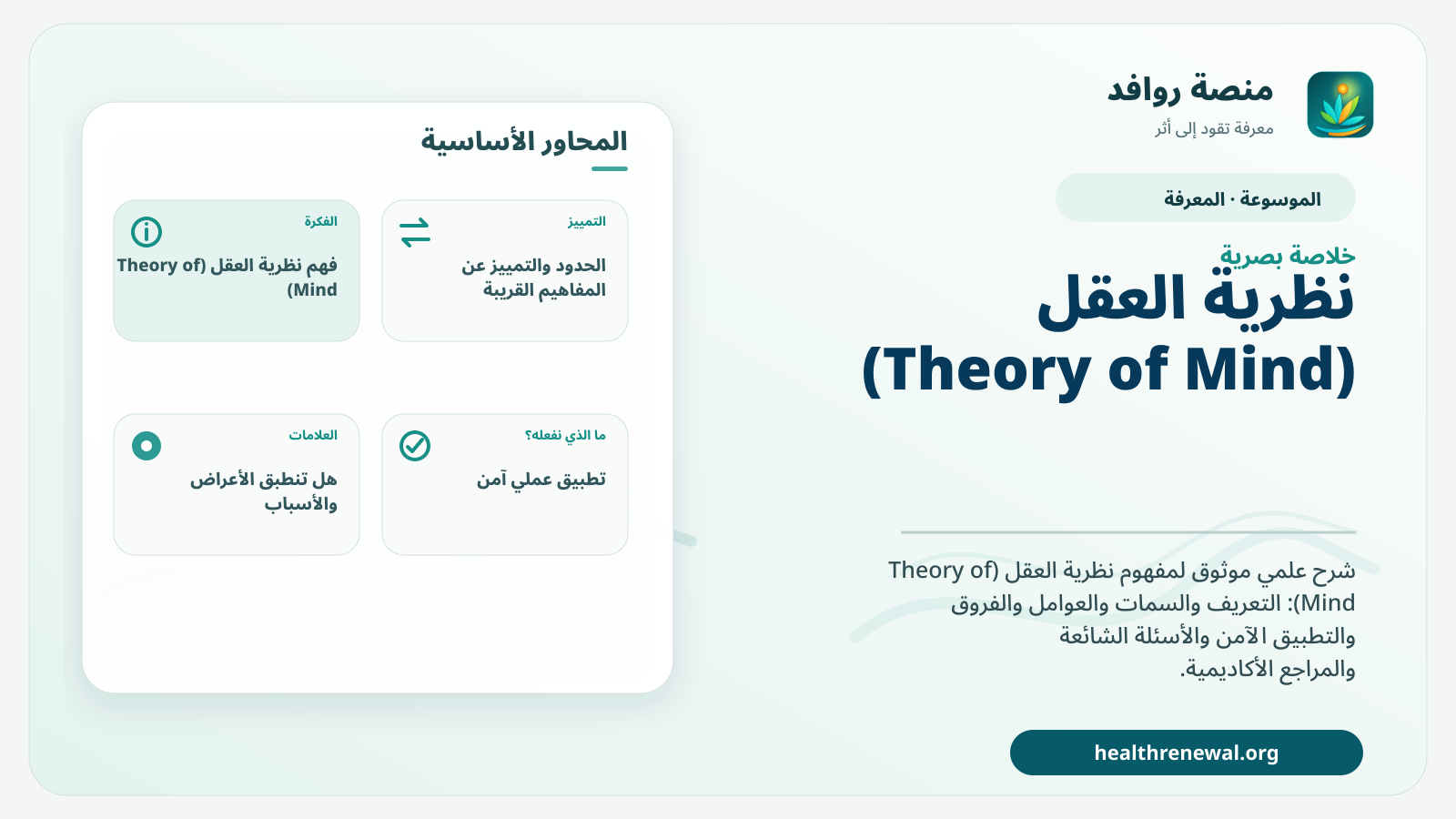 صورة بارزة من منصة روافد تلخص «نظرية العقل (Theory of Mind)» بصريًا وفق محاور الصفحة الأساسية