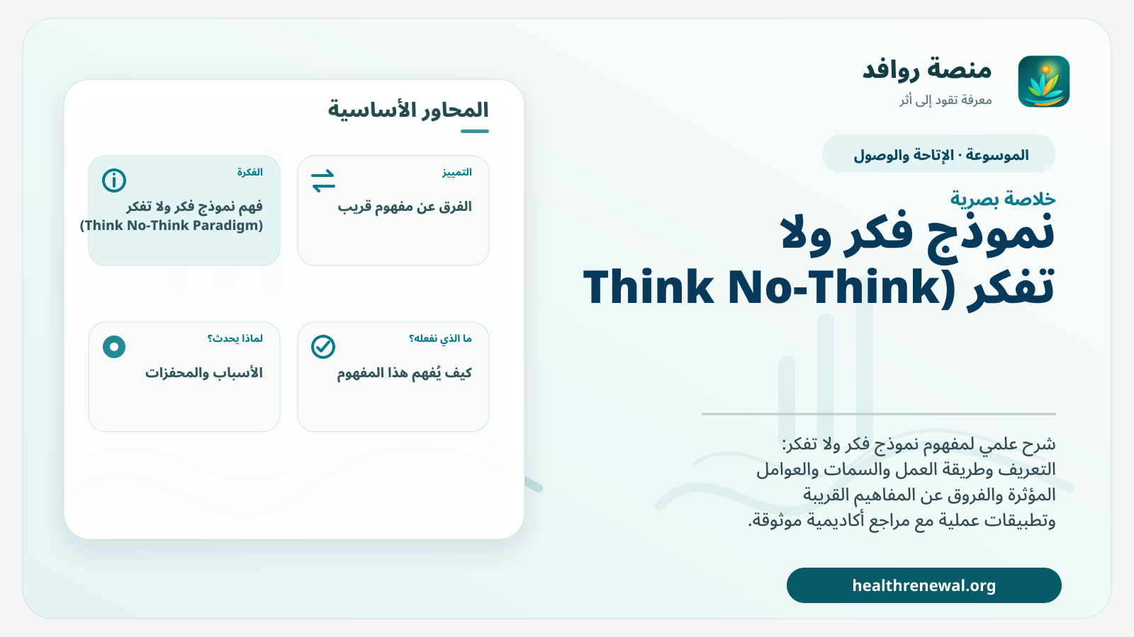 صورة بارزة من منصة روافد تلخص «نموذج فكر ولا تفكر (Think No-Think Paradigm)» بصريًا وفق محاور الصفحة الأساسية