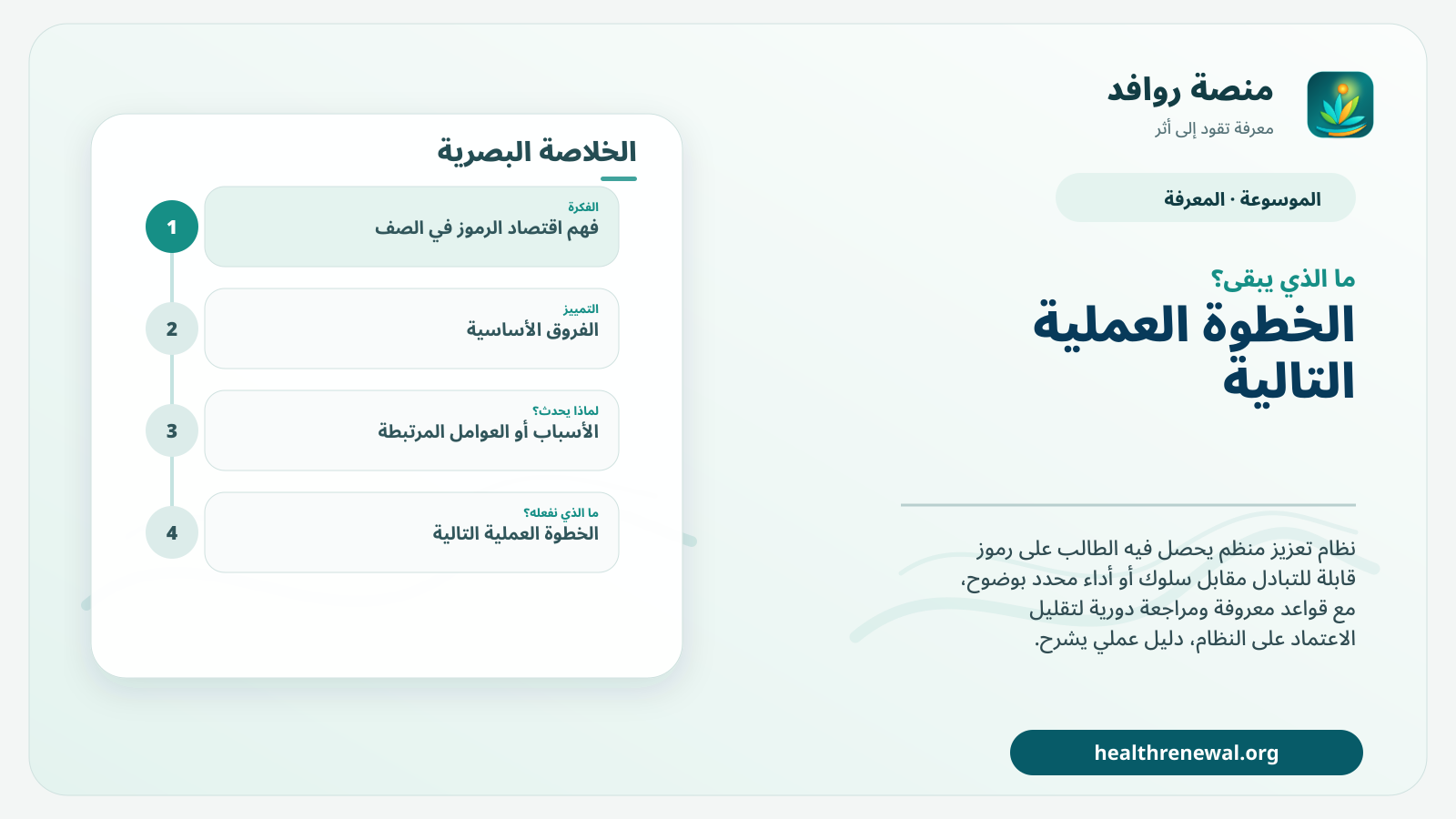 مخطط ختامي من منصة روافد يلخص «اقتصاد الرموز في الصف» ويعرض أهم المحاور والخطوات التالية