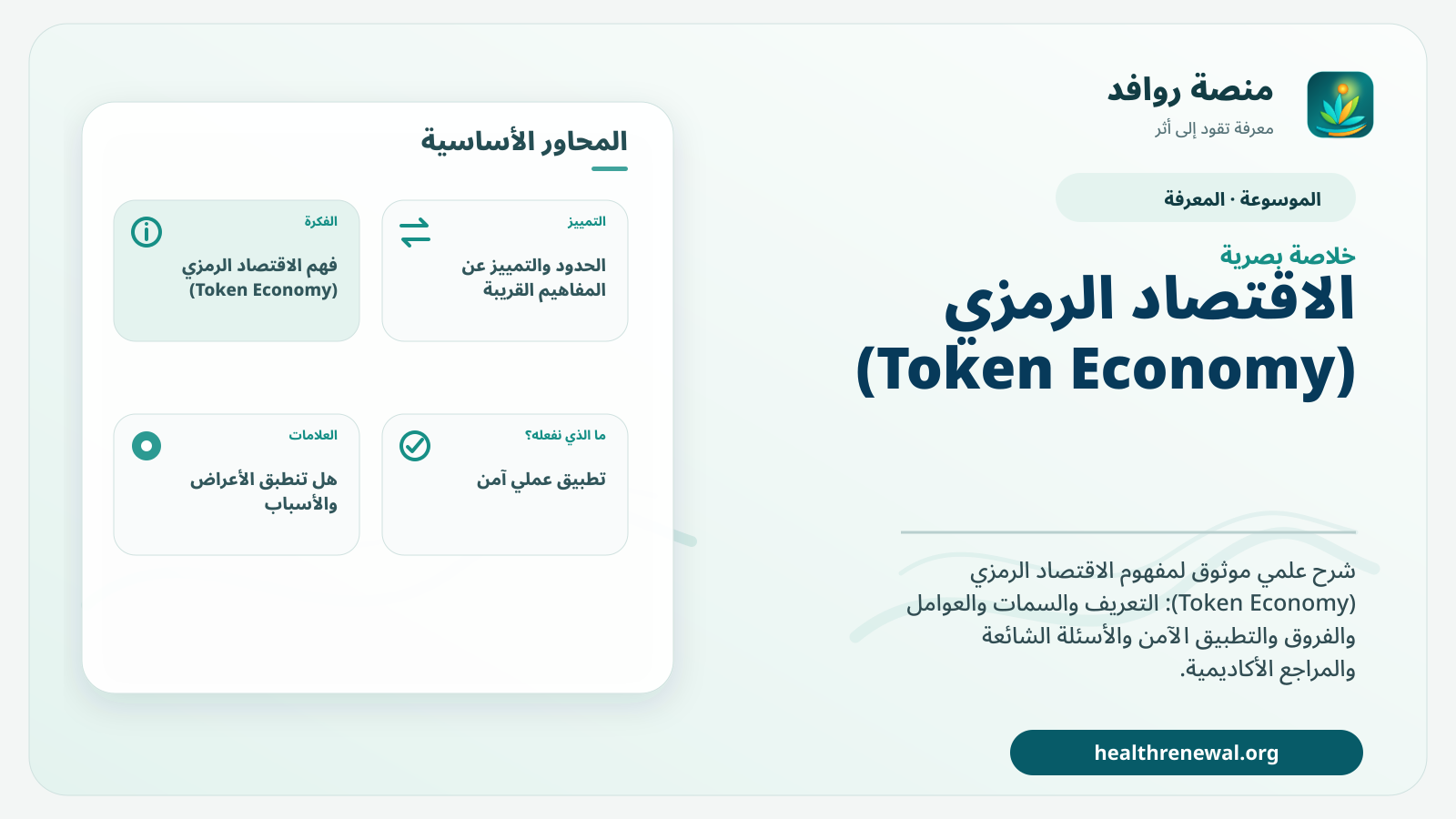 صورة بارزة من منصة روافد تلخص «الاقتصاد الرمزي (Token Economy)» بصريًا وفق محاور الصفحة الأساسية
