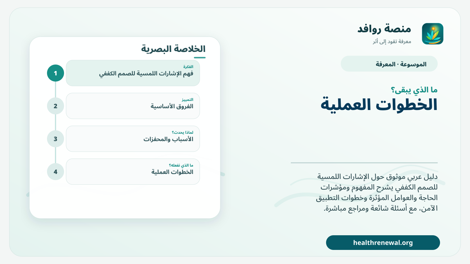 مخطط ختامي من منصة روافد يلخص «الإشارات اللمسية للصمم الكففي» ويعرض أهم المحاور والخطوات التالية