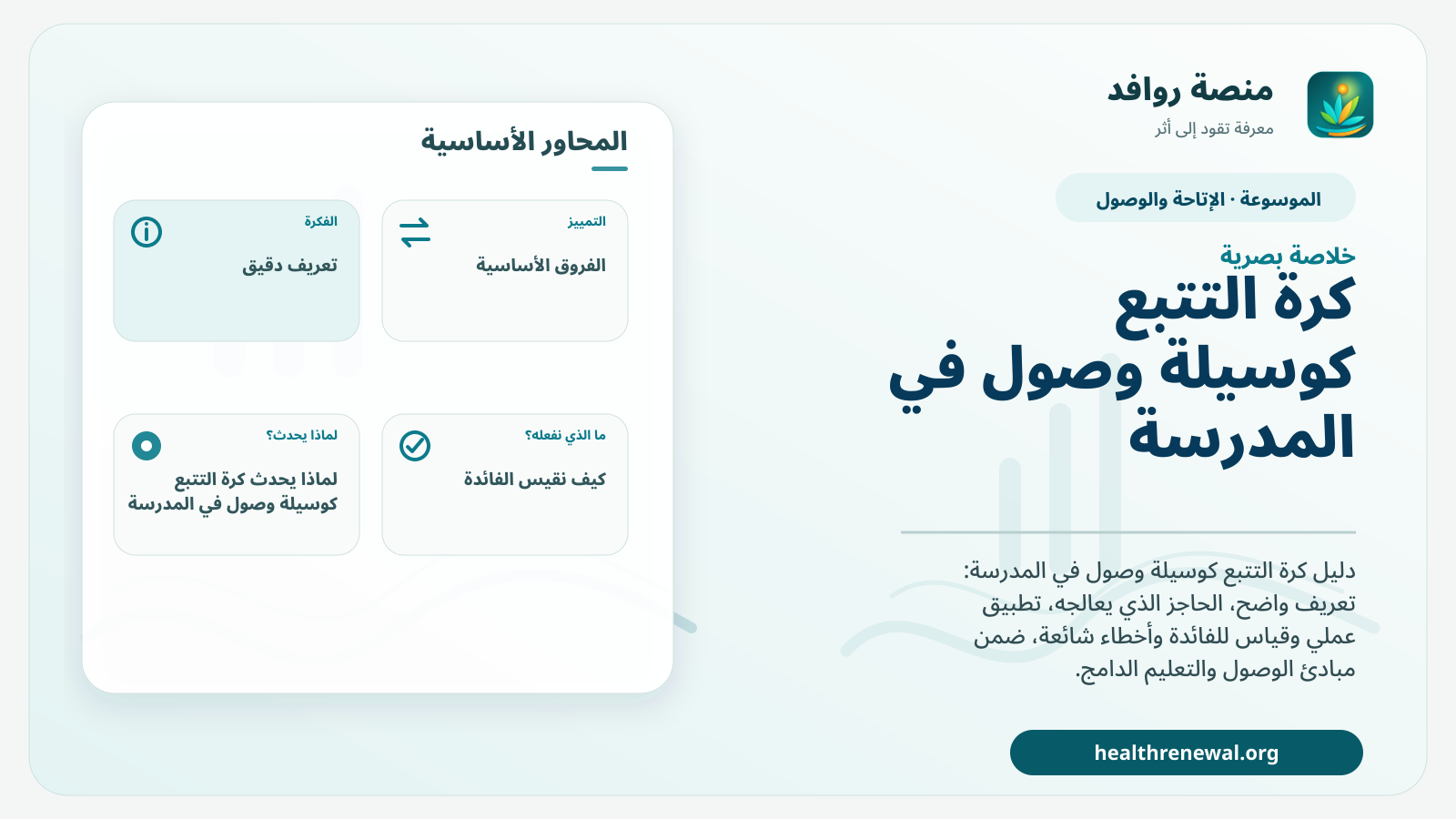 صورة بارزة من منصة روافد تلخص «كرة التتبع كوسيلة وصول في المدرسة» بصريًا وفق محاور الصفحة الأساسية